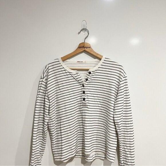 Marine Layer Double Knit Carter Henley Long Sleeve Top in White/Black Stripe - Picture 5 of 9